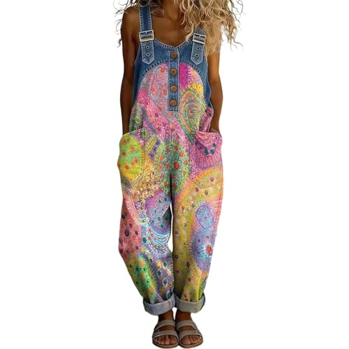 Mono Mujer Verano Peto Desgastado y Algodón Monos Boho Hippie de Pierna Ancha Overol Vintage Ajuste Jumpsuit para Playa y Diario Casual Ropa con Bolsillos Elegante (XL,33)