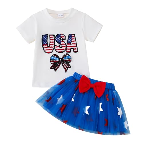 Image of Toddler Girl 4th of July Outfit American Flag Shirt+ Star Tutu Skirt Independence Day Clothes