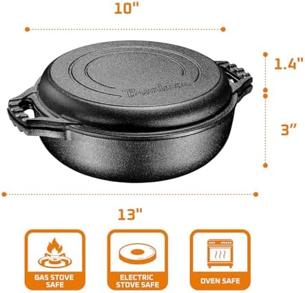 Bruntmor 2-in-1 Pre-Seasoned Cast Iron Dutch Oven with Grill Lid, 3.3 Quart - Cocotte Dutch Oven Pot and Braiser Pan with Lid and Dual Handles - Oven-Safe, Gumbo Pot for BBQ, Frying, Camping, Black - Thumbnail 3
