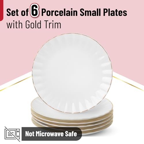 BTaT White Dessert Plates, Set of 6, 8 inch, Porcelain with Gold Trim, Small Appetizer Plates, Dessert Plates, Christmas Gifts