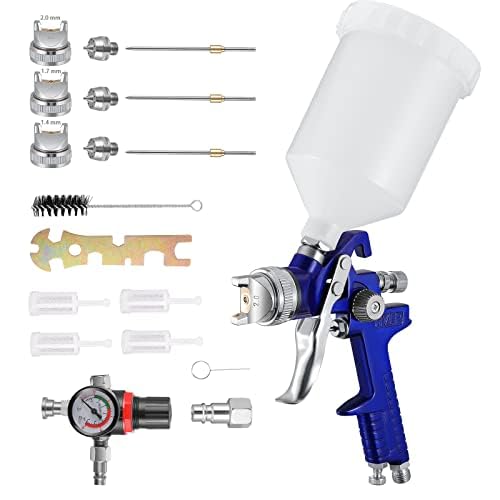 Rouwthio Mini HVLP Gravity Feed Spray Gun - Car & Furniture Repair with Air Pressure Regulator, 600 cc Paint Tank and 3 Nozzles (1.4MM, 1.7MM, 2.0MM)