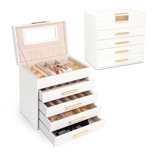 FEIYAN Pull-Out Jewelry Organizer with Mirror - Multi-Layer Compartment Storage Box for Necklaces, Bracelets, Earrings, Travel & Home Use, Holiday Gift