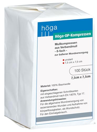 Höga-OP Kompressen,Mullkompressen aus Verbandmull - 7,5 x 7,5 cm - á 100 Stück, unsteril, DIN EN 14079-VM, 2er-Pack (2 x 1 Stück)