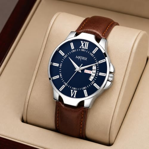 Matrix Antique Day & Date Leather Strap Analog Watch - Blue - Brown - Image 3
