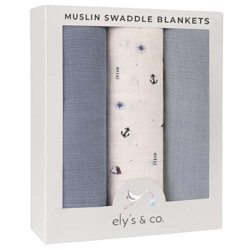 Image of Ely's & Co. Muslin Swaddle Blankets 3-Pack for Baby Boy, 100% Cotton Muslin Extra Large Swaddle Receiving Blankets, 47 inchx47 inch (Blue-Ivory Nautical)