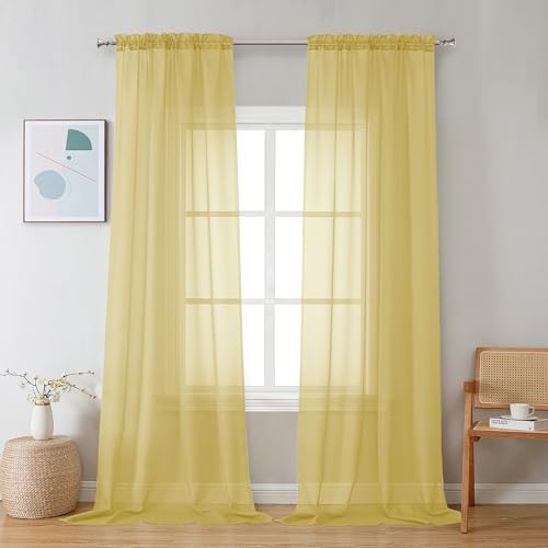 Image of Chyhomenyc Mustard Yellow Sheer Curtains 108 Inches Long - Light Filtering Elegant Voile Extra Long Panel Drapes for Living Room Floor to Ceiling Window, Each 42Wx108L Inch, 9FT, 2 Panels