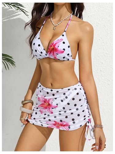 Image of RoseSeek Women's 4 Piece Polka Dots Bathing Suits Cover Up Skirt & Bandana | Halter Bikini Sets, Sexy Bathing Suit, Beach Skirt, Leopard, Paisley, Tropical, Summer