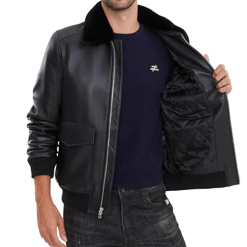 Leather Jacket Men,Lambskin Bomber Jacket with Removable Real Fur Collar,Front Zip Closure, Multiple Pockets3