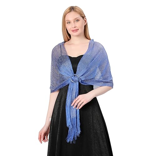 Image of Stoles for Evening Dress with Buckle, Fringes - Polyester Blend, Shimmer Stole Wraps for Weddings, Party | Women's Clothing
