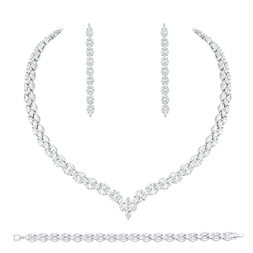 White Gold Plated Cubic Zirconia CZ Marquise Bridal Necklace Drop Dangle Earrings Bracelet set for Women Wedding Brides