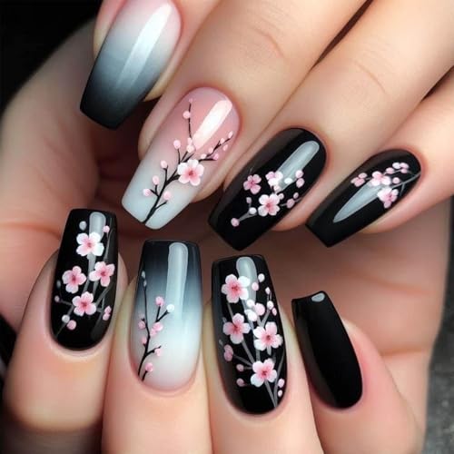 Summer Flower Acrylic Medium Coffin Fake Nail Plum Blossom Press on Nails 24Pcs Glossy Black Gradient False Nails Pink Ombre Stick on Fingernails Spring Gel Glue on Nail for Coquette Women Girls