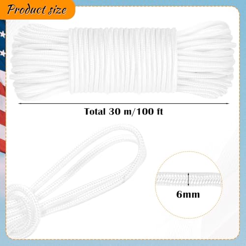 6 PCS Flagpole Hardware Repair Parts Kit, Flag Pole Rope Kit 100 FT with 4 Flag Swivel Snap Clips 1 Rope Cleat Hook, Double Braided Nylon Rope Outdoor Flag Pole Accessories for Clothesline, Crafting