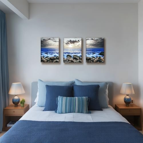 SERIMINO Beach Canvas Wall Art for Living Room, Blue Coastal Wall Decor for Bedroom, Seaside Pictures for Bathroom Wall Decoration, Ocean Painting Set for Office, Home Decor 12"X16"