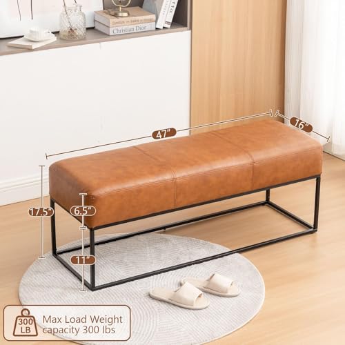 Image of Leather Entryway Bench, Modern Long Faux Leather Ottoman Bench Seat with Metal Frame, 47'' Upholstered Bedroom Bench for Living Room Entryway Window, Vintage Brown