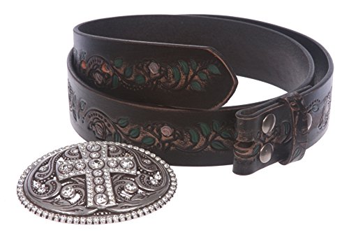 Snap On Floral Tree Embossed Full Grain Leather Rhinestone Cross Bling Belt2