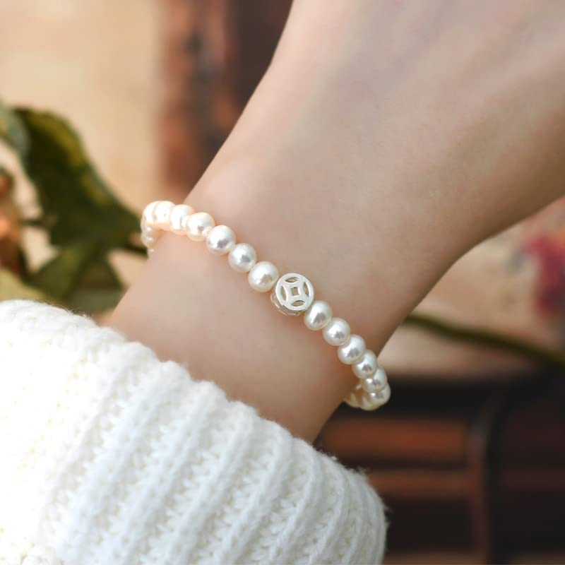 Perla Natural De Agua Dulce Plata De Ley 925 Calcedonia Verde Amor Moneda Pulsera Joyería para Mujer