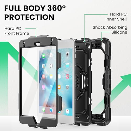 Image of SEYMAC for iPad mini 5 / Mini 4 Case 7.9 Inch, Heavy Duty Shockproof Full-Body Protective Case with Screen Protector, 360 Rotating Stand, Hand /Shoulder Strap for iPad mini 5th / 4th Generation, Black