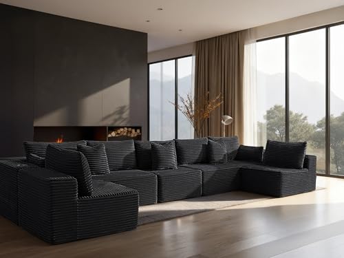 Image of 168 inch Cloud Sectional Couch, Comfort U Shaped Sofa for Living Room, Extra Deep Seats No Assembly, Minimalist Modular Couch, Corduroy (Black, 7 Seats,U-Shape B)