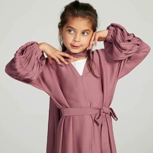 IMEKIS Kids Girls Abaya Long Sleeve Snap Front Dress with Belt Dubai Islamic Prayer V Neck Full Length Gown with Hijab4