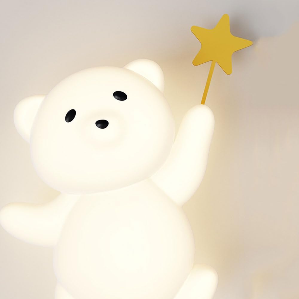Children's Bedroom Bear Wall Light Interior 10W LED White 3000K/4500K/6000K Wall Sconces 3-Color Bedside Cute Animal Wall Lamp Cartoon Bear Boys Girls Room Decoration Night Light with Star
