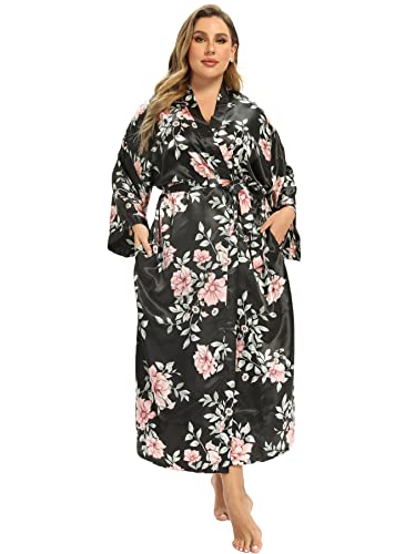 Image of Women's Floral Long Satin Robes Plus Size Long Silk Robes Peacock Floral Kimonos Sleepwear Dressing Gown