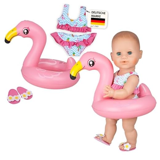 Heless 99 - Schwimm-Set für Puppen, 3 teilig, Flamingo Ella, Bikini, Flip Flops und Schwimmring, Größe 35 - 45 cm, für Badespaß an heißen Sommertagen