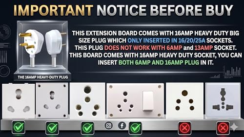 Image of Extension Board Heavy Duty 16A | extension cord power strip high load capacity 3000 Watt | 16 amp socket for AC refrigerator fridge, geyser, oven, ev charger charging, induction | 1 meter copper cable