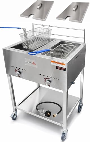 Commercial Two Tank Stainless Steel Deep Fryer-Large 2 Basket Propane Deep Fryer-Stainless Steel Cooker-7 Gal. Oil Capacity-28 QT.-With 2 Thermometers, Hose & Regulator-Fryer Cart