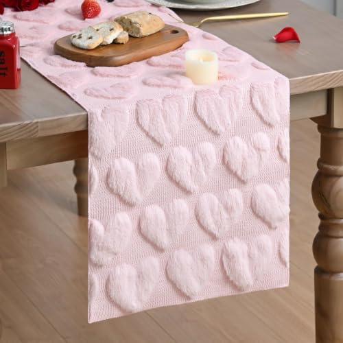 Artoid Mode Pink Soft Plush Faux Fur Jacquard Love Heart Valentine's Table Runner, Kitchen Dining Table Decoration for Home Party Decor 13x72 Inch