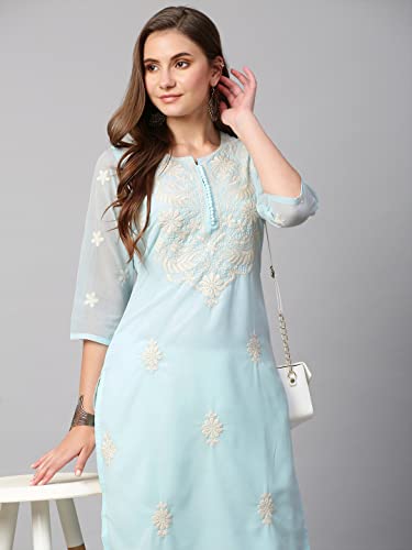 Image of RATAN Georgette Straight Lucknowi Chikankari Ethinic Wear Kurta for Women