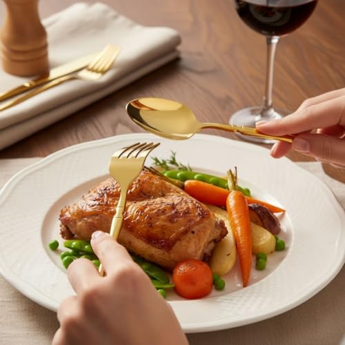 Image of 5 Pcs Gold Cutlery Set for Dining Table the Perfect Lightweight Silim Handle Tableware Including Dinner Spoon, Dinner Fork, Dinner Knife, Dessert Spoon & Dessert Fork