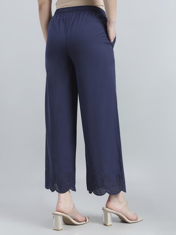 Image of GO COLORS Women's Cotton Hakoba Palazzo | Ankle Length, Schiffli Embroidery, Relaxed Fit, Mid-Rise with Side Pocket