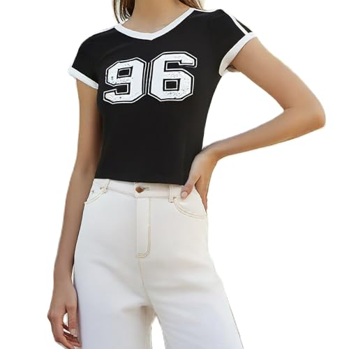 Womens Short Sleeve Jersey Crop Tops Y2k Number Graphic E-Girls