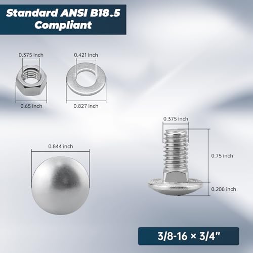 Image of 3 /8-16 x 3 /4 Inch Carriage Bolt Kit, 304 Stainless Steel (18-8) with Hex Nuts & Flat Washers - 8 Sets, Round Head Square Neck, Full Thread Coverage by Glvaner