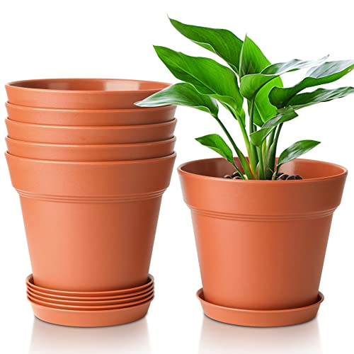 T4U 16cm Kunststoff Blumentopf mit Untersetzer, 6er-Set Plastik Übertopf Kräutertopf mit Mehrere Ablauflöchern, Rund Pflanzkübel für Innen und Balkon Sukkulenten Kaktus, Terrakotta