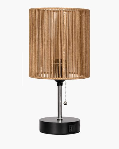 Image of Homesake Bedside Lamp for Bedroom Nightstand Table Light with USB A | C Charging Port, Desk Lamp, Pull Chain Light, Side Table Desk Reading Lamp, Living Room Gift, (Raffia Cane)