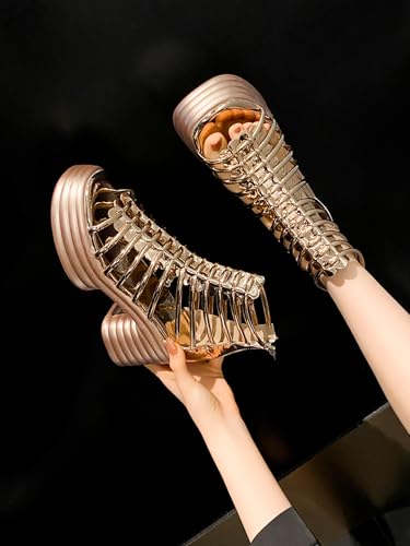 Women's High Top Gladiator Sandals Open Toe Chunky Platform Thick Sole Mid Block Heel Hollow Out Back Zipper for Summer4