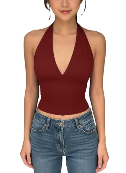 Solid V Neck Sleeveless Crop Top for Women Stylish Western || v Neck Tops for Woman || Halter Neck Tops for Women Stylish