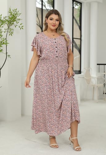 Image of Nemidor Womens Plus Size Boho Ditsy Floral Print Casual Smocked Flared Maxi Long Dress with Pocket