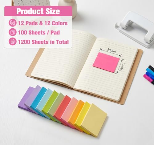 Image of Agoer Sticky Notes - Pack of 12 Coloured, 50 x 38 mm, 1200 Sheets, 12 Colours, Office, Home, School