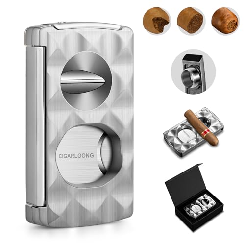 Cigar Cutter Stainless Steel 4-in-1,Double Blade Guillotine, V-Cutter, Cigar Punch, Cigar Holder with Pattern Finish, Gift Box Included (Sliver)