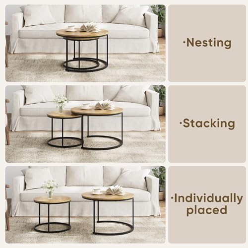 Smuxee Nesting Coffee Table Set of 2, 27.6 Round Coffee Table Wood Grain Top with Adjustable Non-Slip Feet, Industrial End Table Side Tables for Living Room Bedroom Balcony Yard