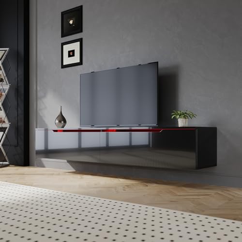SIRHONA Meuble TV LED, Meuble TV Noir 180cm Laqué éclairage LED avec 16 Couleurs Ajustables, Plateau TV Haute Brillance, sur Pied ou Suspendu, pour Le Salon...