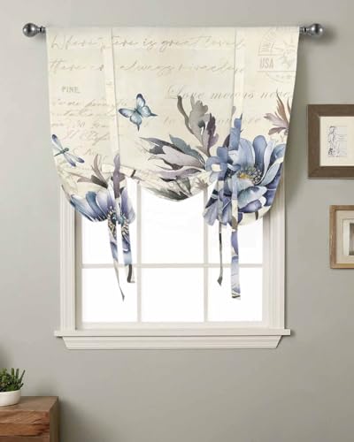 Purple Blue Flower Tie Up Curtains for Windows 45 Inch Length Balloon Curtains Kitchen Adjustable Balloon Window Shade Farmhouse Botanical Floral Butterfly Tie Up Bathroom Curtain Window 34