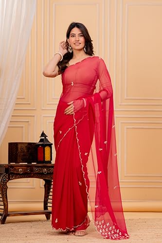 Image of Women's Red Embroidered Saree with Golden Blouse | Traditional Embroidery Work Saree for Women | Wedding Festive Saree and Wear Ethnic Outfit