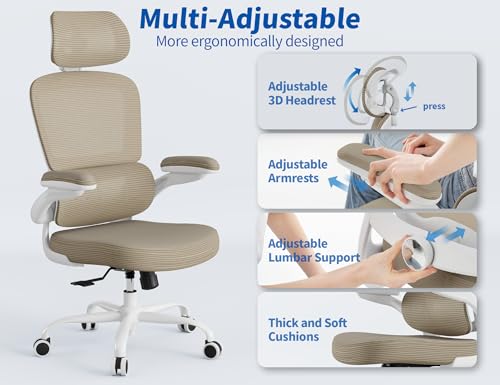 Image of TRALT Ergonomic Office Chair - Desk Chair with Adjustable Headrest Lumbar Support Computer Chair - Mesh Comfy Chair with Flip-up Armrests - Gaming Chairs for Adults Home Office (PU Leather,Khaki)