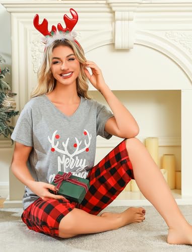 Image of ENJOYNIGHT Womens Pajama Sets Cotton Pj Set Short Sleeve Top With Capri Pants Sleepwear 2 Piece Lounge Set