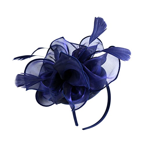 MonkeyJack Wedding Fascinator Hat Women Feather Flower Hair Band Church Tea Party Headdress - Navy Blue