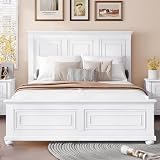 Duxelifin Queen Size Platform Beds for Bedroom, Tall Headboard Queen Bed Frame with Footboard, Pinewood Antique Bed Frame, Farmhouse Style, Noise-Free, No Box Spring Needed, White