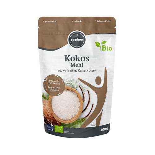 BORCHERS Bio Kokosmehl, 400g, fein vermahlen, teilentölt, naturbelassen, leichte Süße, Proteinquelle, ballaststoffreich, vegan, zum Kochen, Backen & Verfeinern